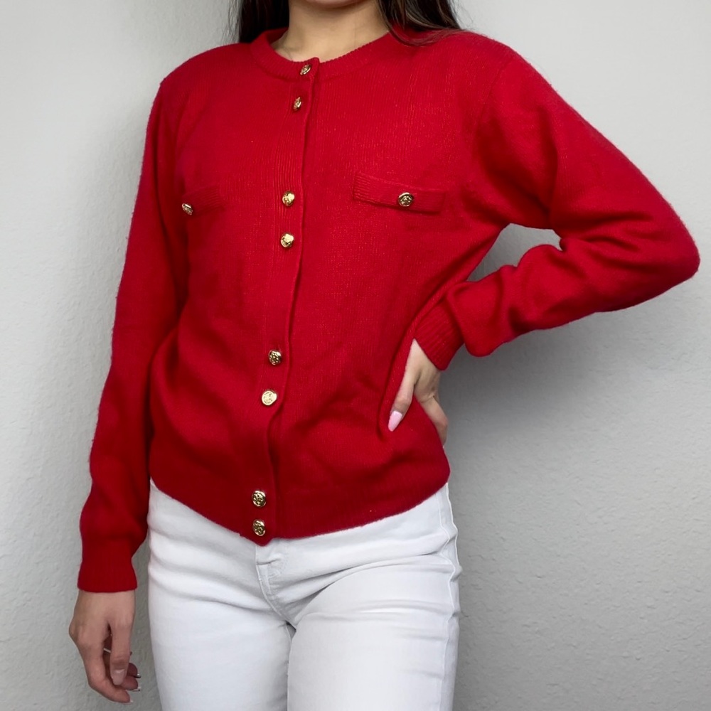 Red Button-Down Cardigan Sweater W/Gold Buttons | Lauren Cole Petites